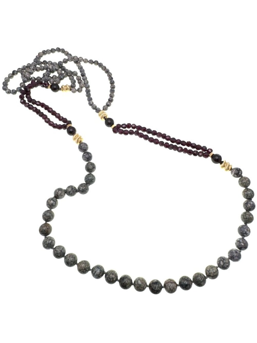 Brindle Agate & Garnet Beaded Necklace Gold-Tone Accents 24 Inches Vintage